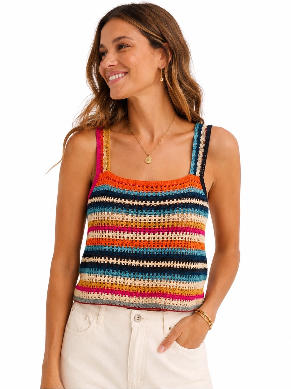 Faherty x Bethany Yellowtail Rainbow Falls Crochet Cotton Tank Top Multicolor Si